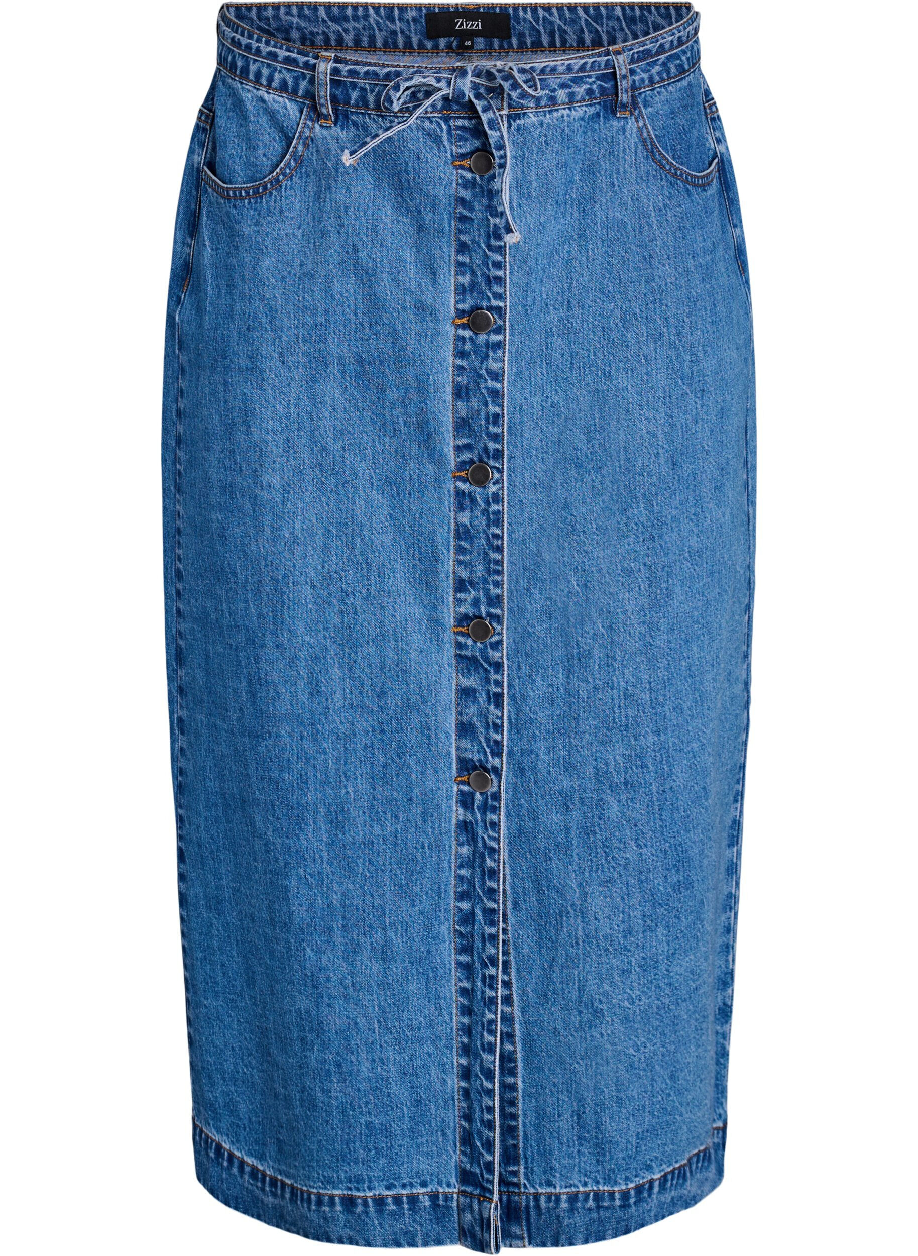 Lange denimrok met knoopjes en strikriem