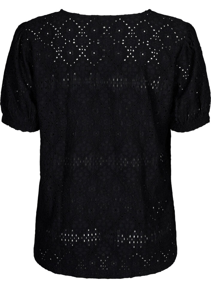 Blouse met korte mouwen en patroon met kant, Black, Packshot image number 1