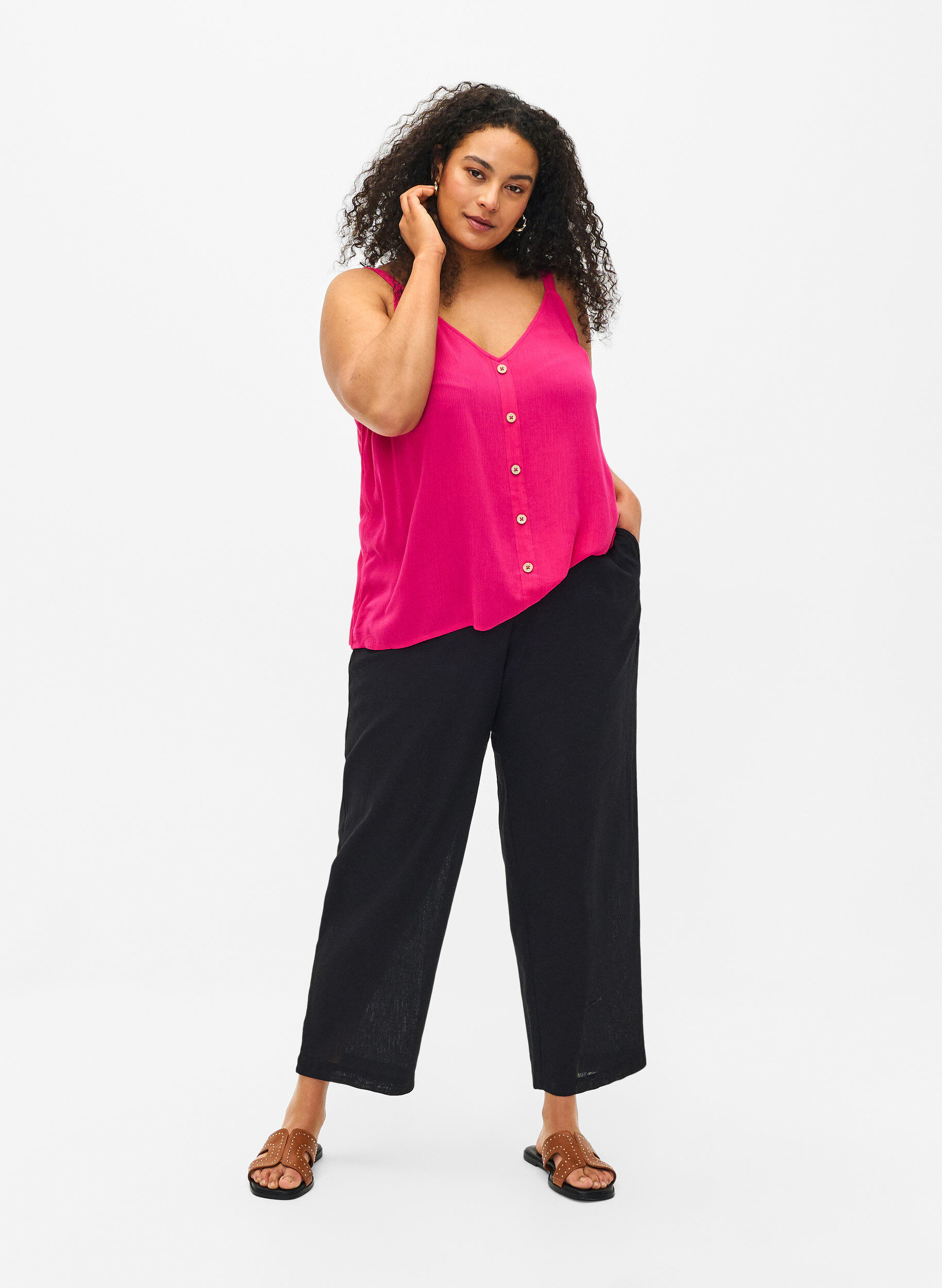 Zizzi Pantalon ample en lin et coton m&eacute;lang&eacute;s, Black, Model image number 0