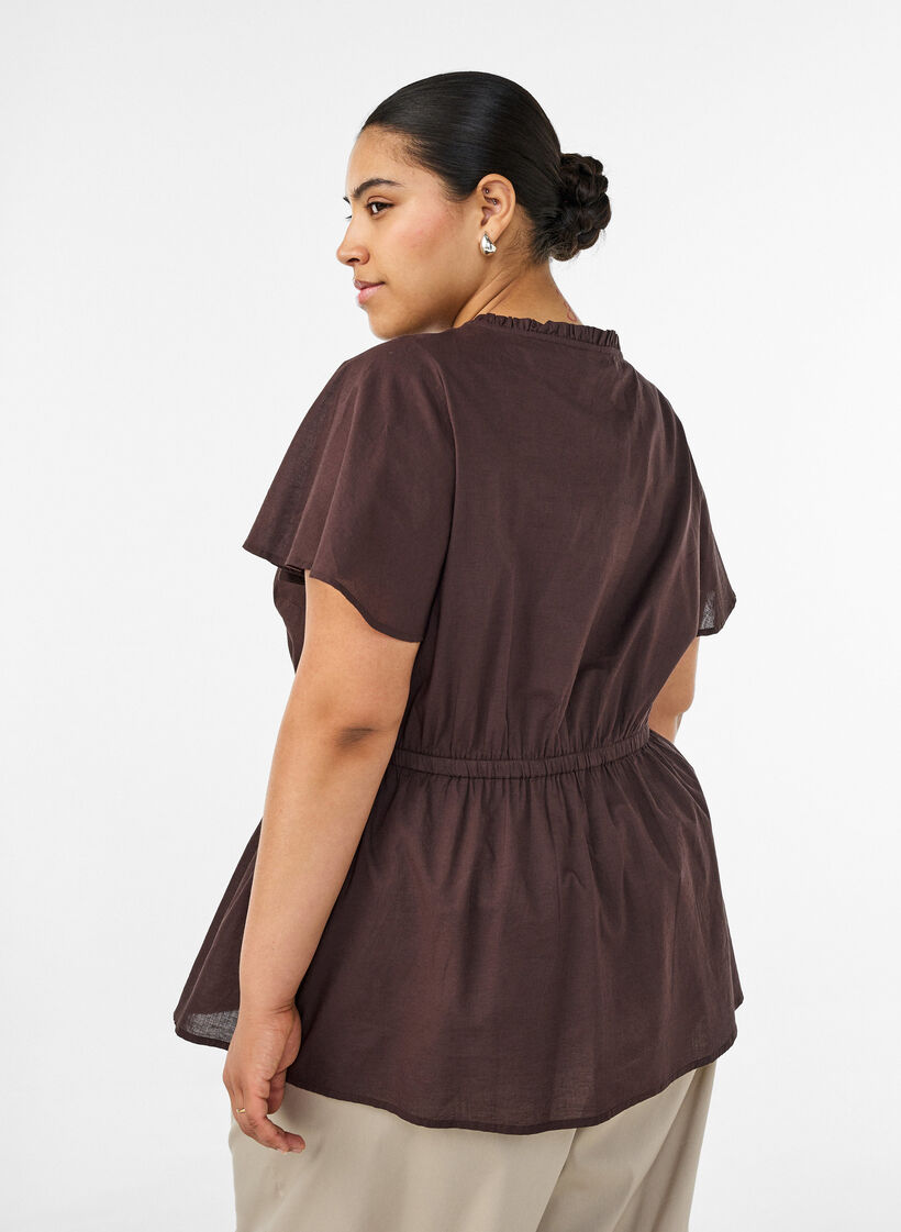 Blouse en coton avec lien &agrave; nouer et taille &eacute;lastiqu&eacute;e, Marron, Model image number 2