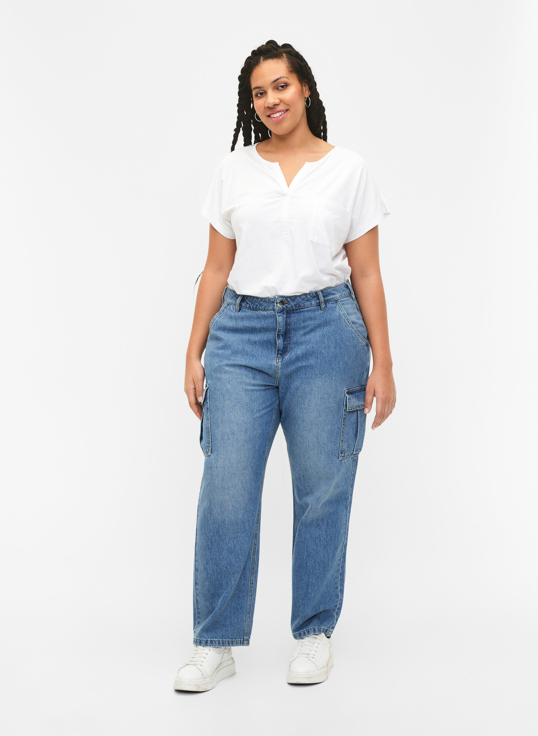 ZizziT-shirt met V-hals en borstzakje, Bright White, Model image number 2