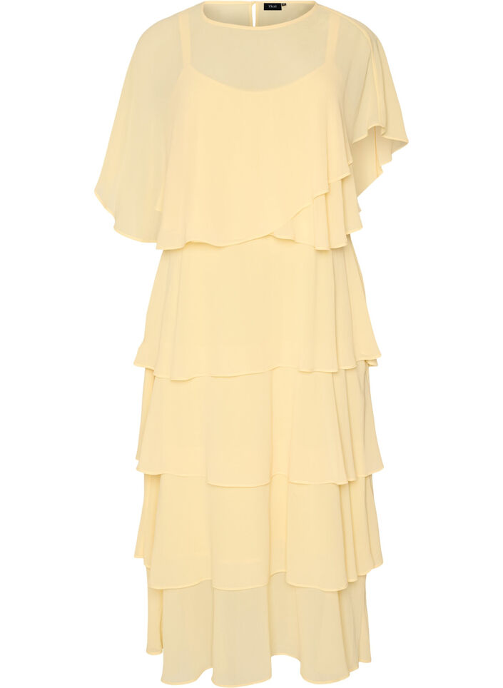 Robe maxi avec plusieurs couches de volants et cape amovible, Jaune clair, Packshot image number 0