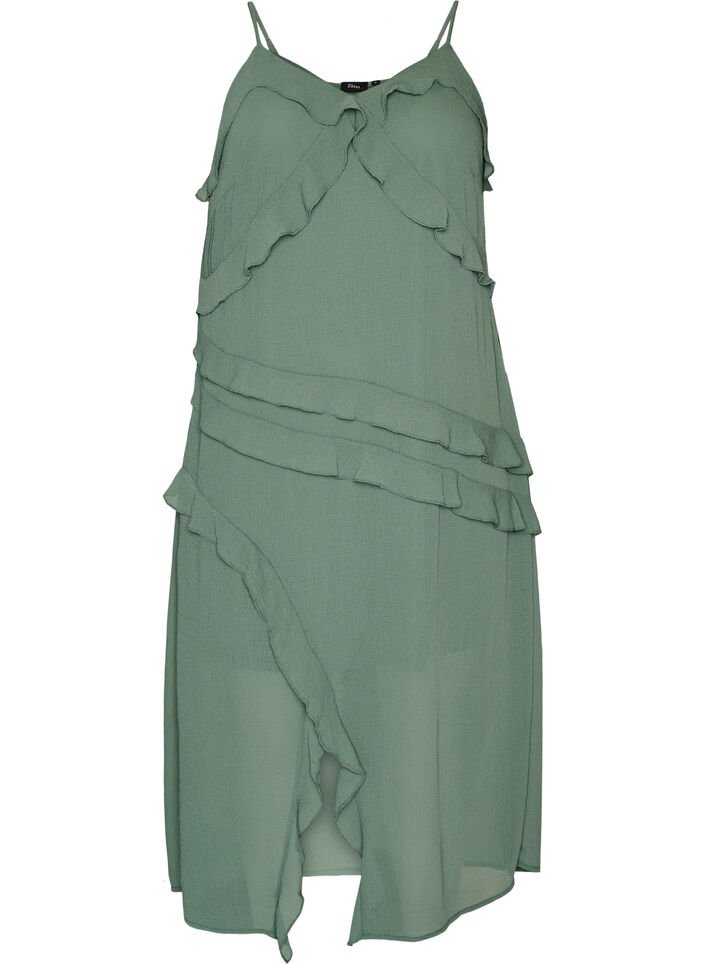 Chiffon jurk met asymmetrische ruches, Groen, Packshot image number 0