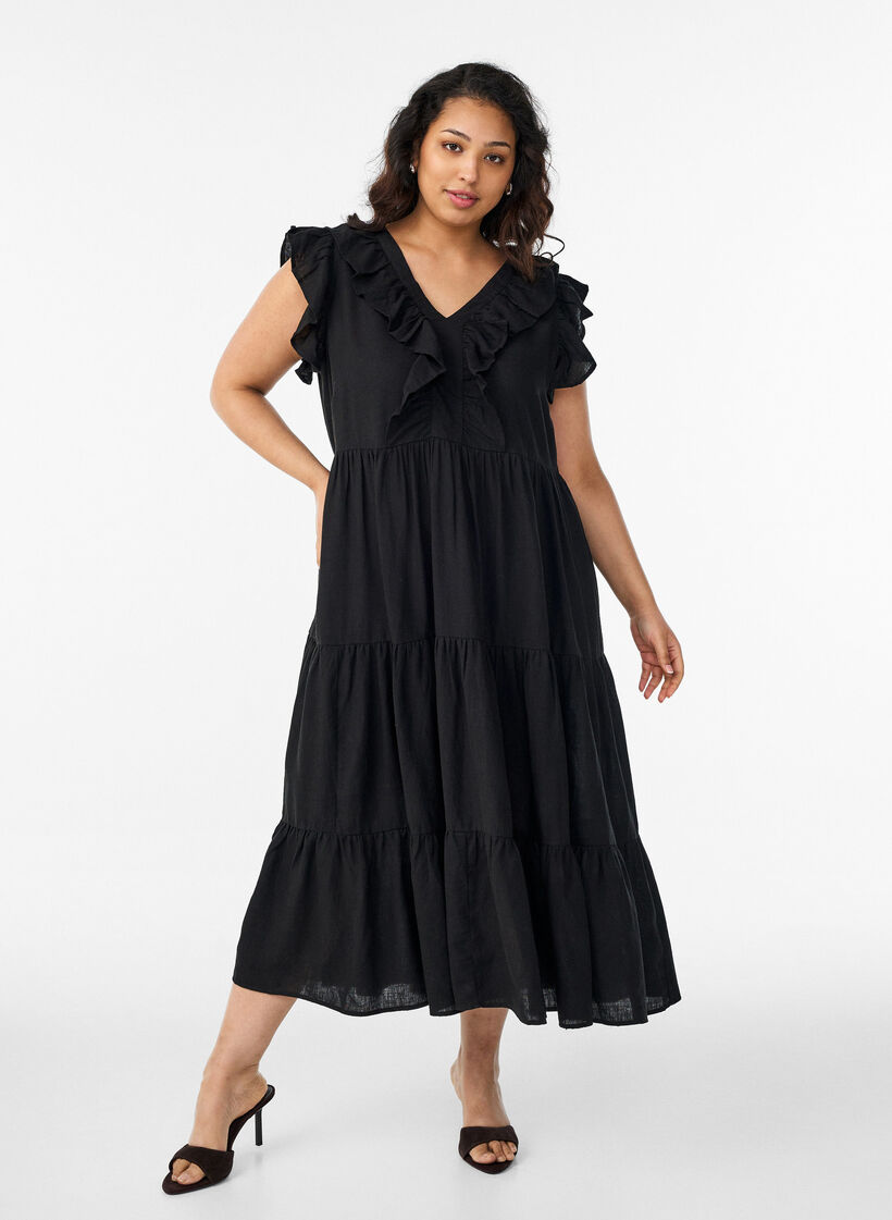 Mouwloze midi jurk in linnen en viscose met ruches, Zwart, Model image number 0