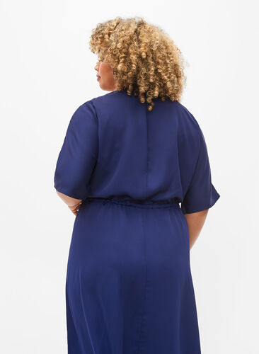 Robe midi à manches courtes et taille ajustable, Evening Blue, Model image number 1