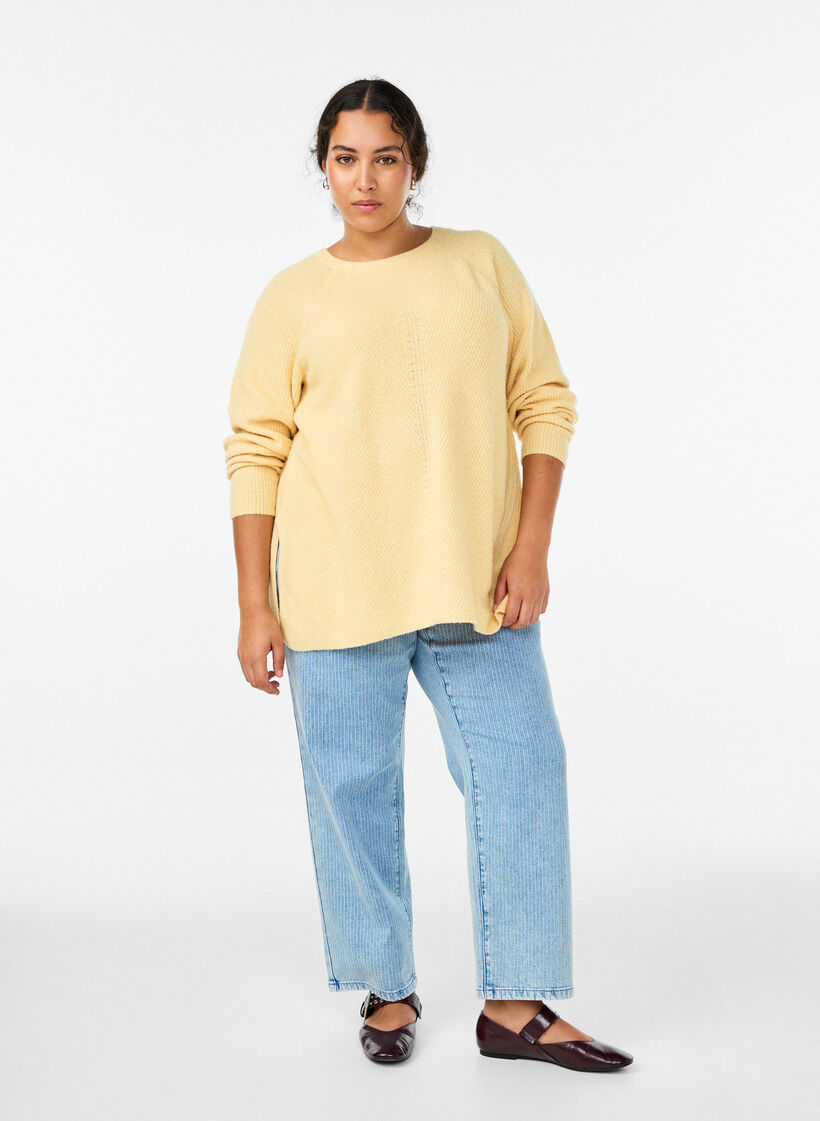 Pull en maille &agrave; motif diagonal et manches raglan, Jaune clair, Model image number 1