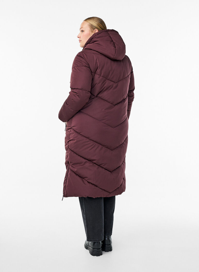 Lange pufferjas met capuchon en zakken, Donker Bordeaux, Model image number 1