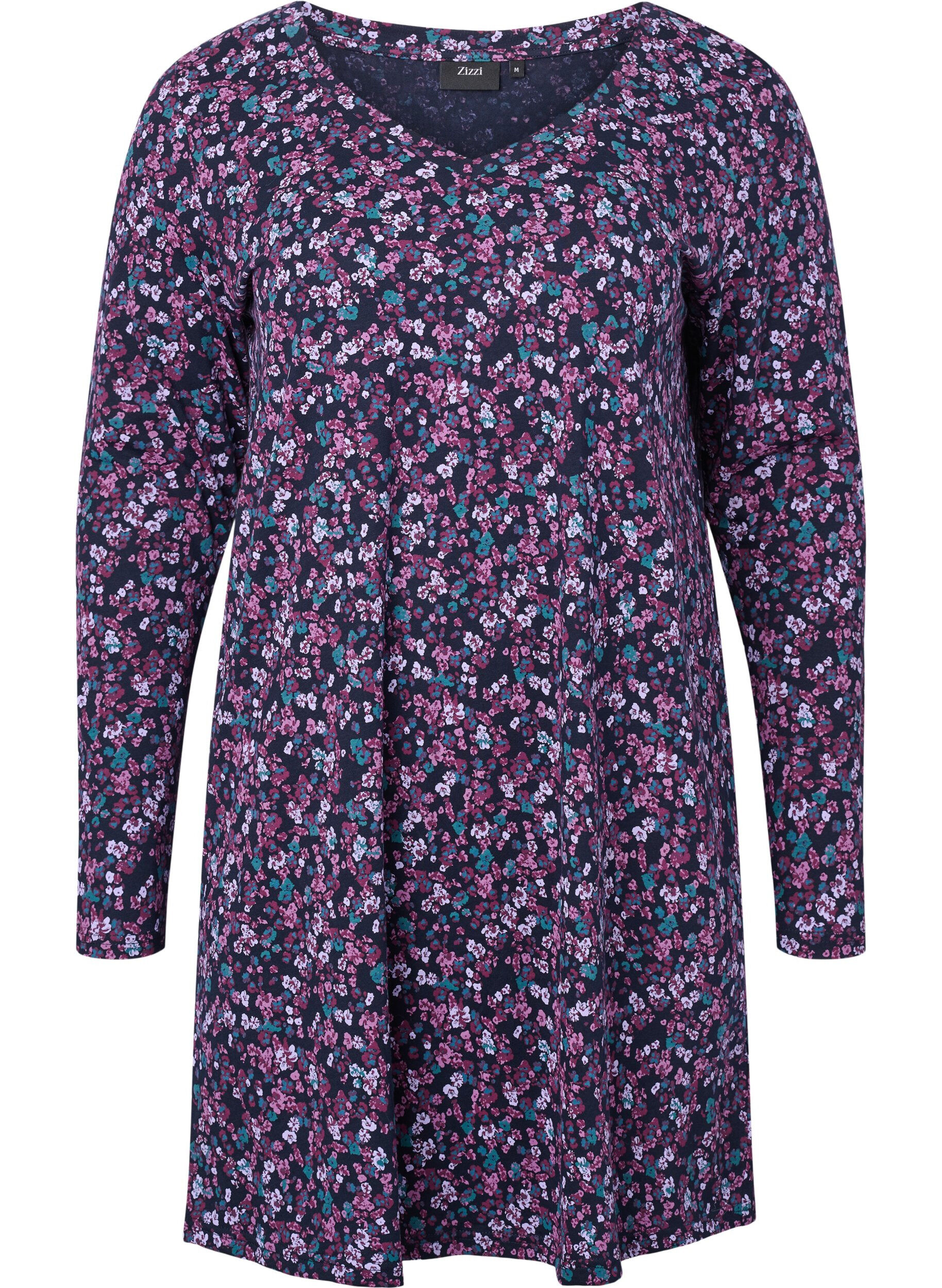 ZizziKatoenen nachtjapon met lange mouwen, Night Sky Disty AOP, Packshot image number 0