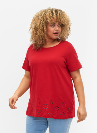T-shirt en coton avec broderie anglaise, Tango Red, Model image number 0