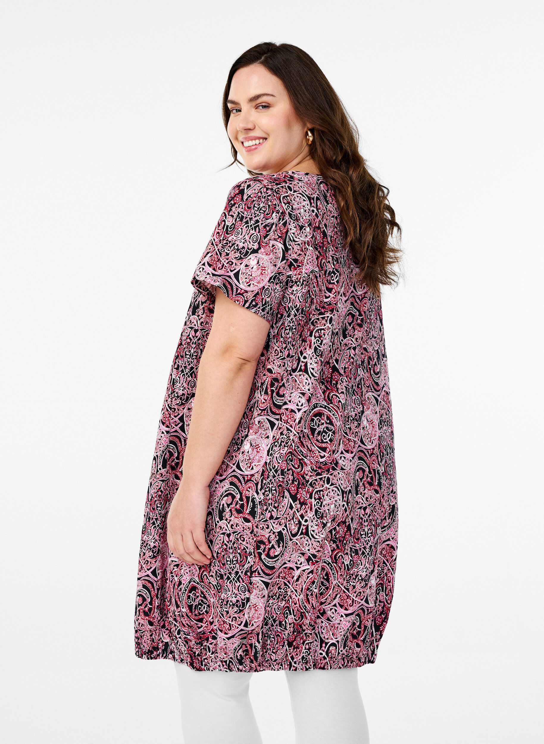 ZizziKatoenen jurk met korte mouwen en print, Zwart, Model image number 2