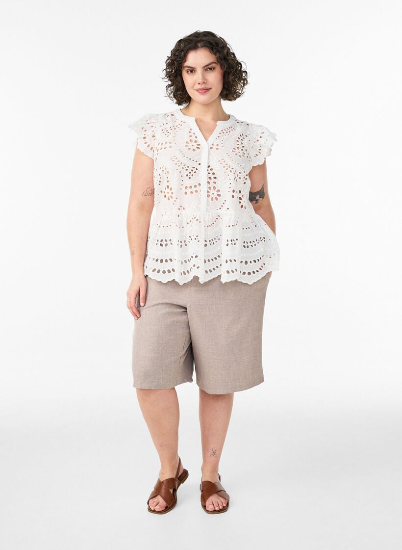 Blouse sans manches en broderie anglaise avec volants, Blanc, Model image number 1