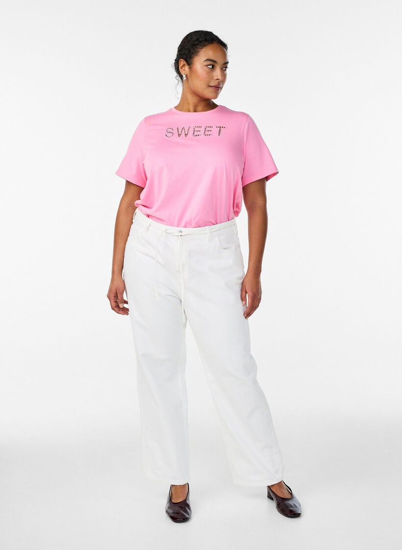 T-shirt en coton avec texte brod&eacute;, Blanc, Model image number 1