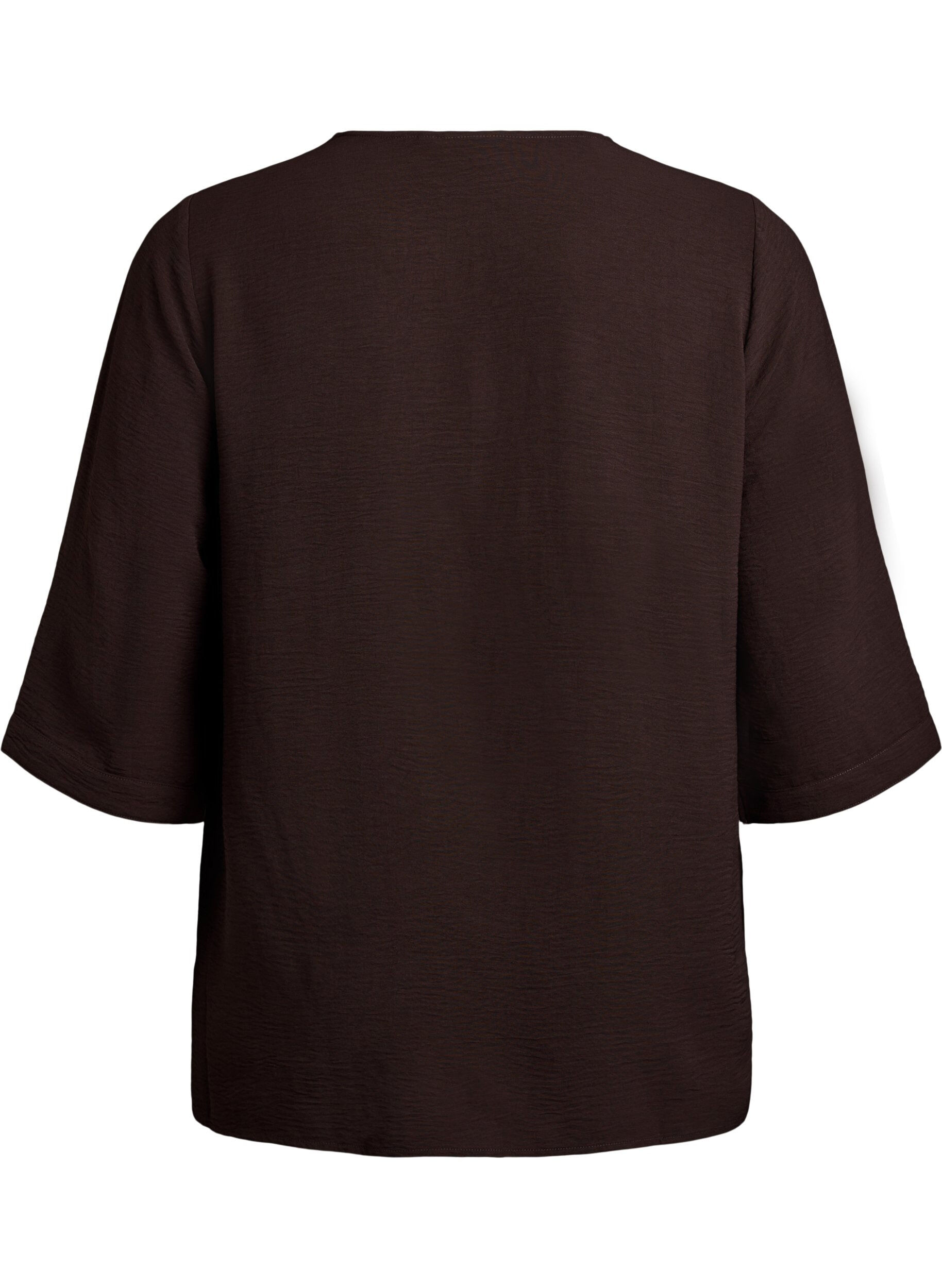 ZizziShirt blouse with V-neck and 3/4 sleeves, Brown, Packshot image number 1