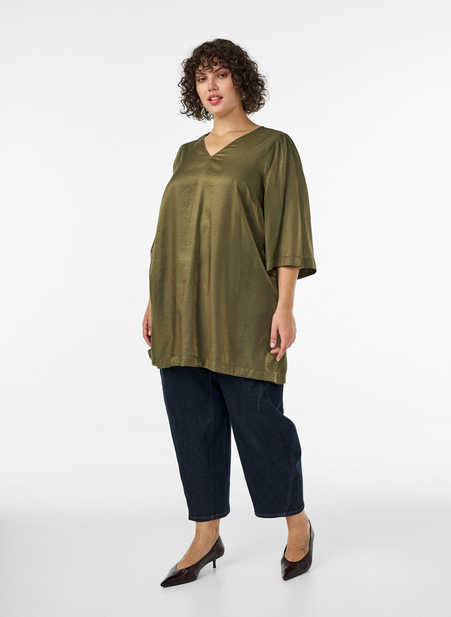 ZizziGlanzende tuniek met V-hals en 3/4 mouwen, Groen, Model image number 1