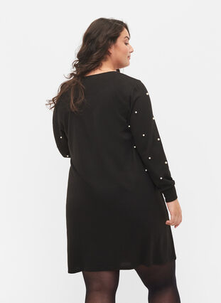 Robe à manches longues avec détails en perles, Black, Model image number 1