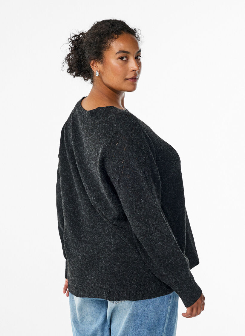 Haut en maille à motif ajouré et manches ballon, Gris anthracite, Model image number 2