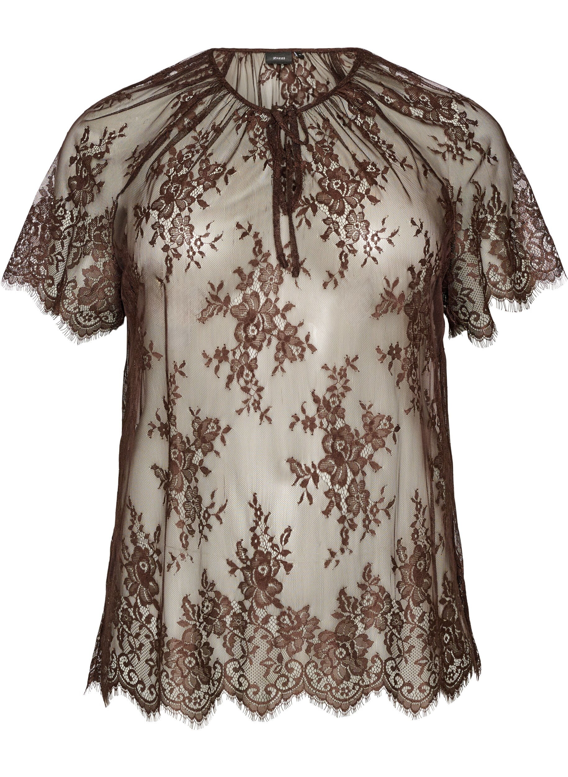 ZizziKorte mouwen kanten blouse met striksluiting, Bruin, Packshot image number 0