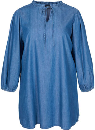 Robe en jean à manches longues avec col en V et cordon de serrage, Blue denim, Packshot image number 0