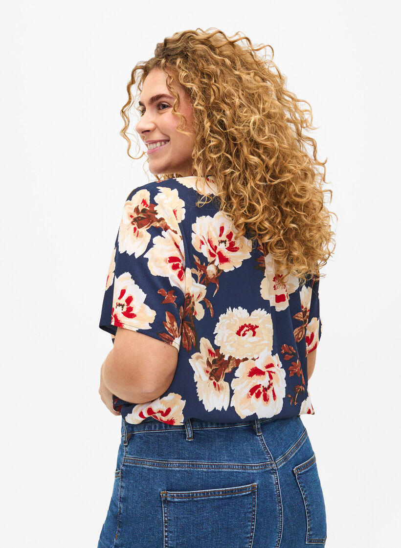 Blouse met korte mouwen en v-halslijn, Blauw, Model image number 2