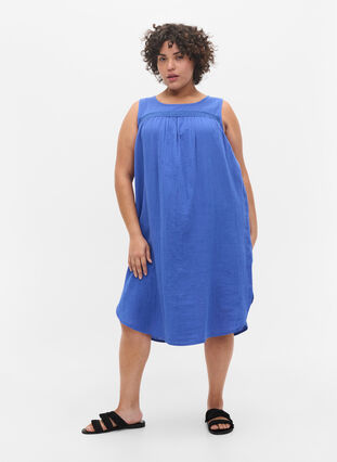 Mouwloze katoenen jurk met a-lijn, Dazzling Blue, Model image number 2
