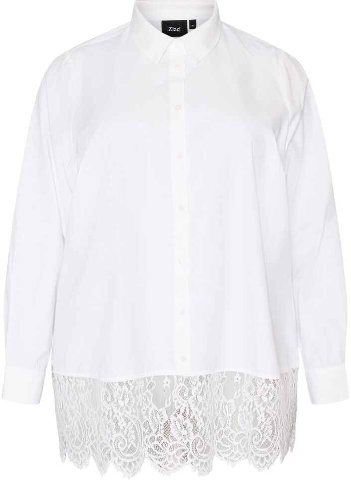 Losse blouse met een brede kanten rand, Wit, Packshot image number 0
