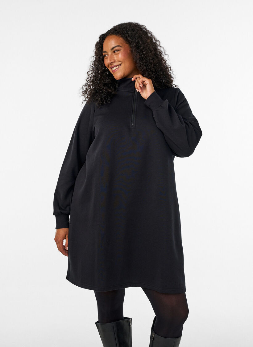 Sweatshirtjurk met hoge ribkraag en rits, Zwart, Model image number 0