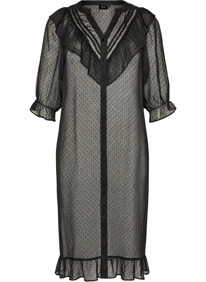 Robe midi en tissu l&eacute;ger et vaporeux &agrave; pois, avec des volants, Noir, Packshot image number 0