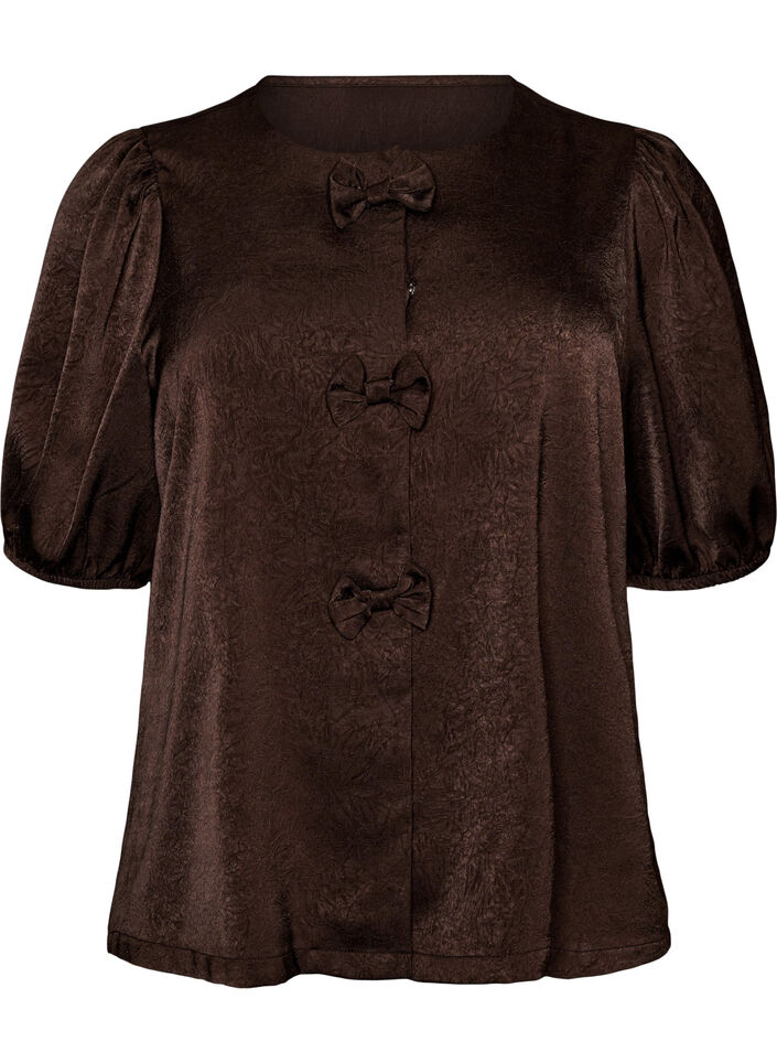 Satijnen blouse met strikjes en ellebooglange mouwen, Bruin, Packshot image number 0