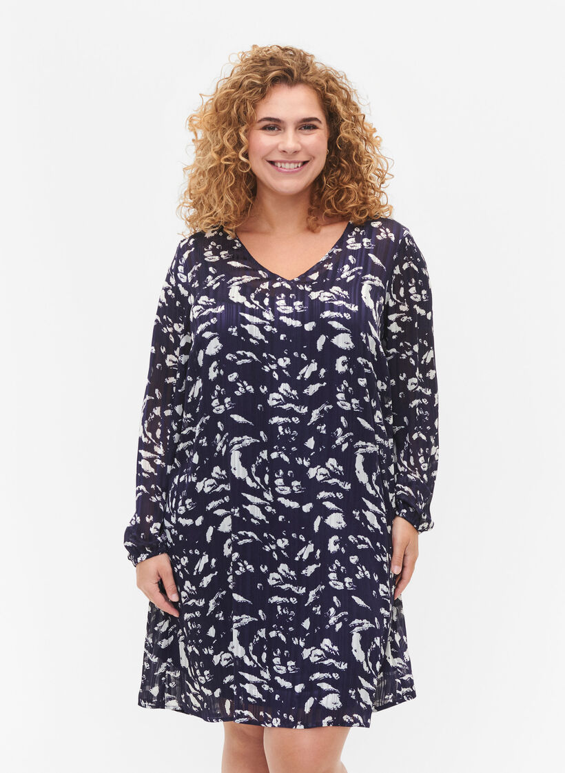 Jurk met lange mouwen V-hals en print, Blue Leaf AOP, Model image number 0