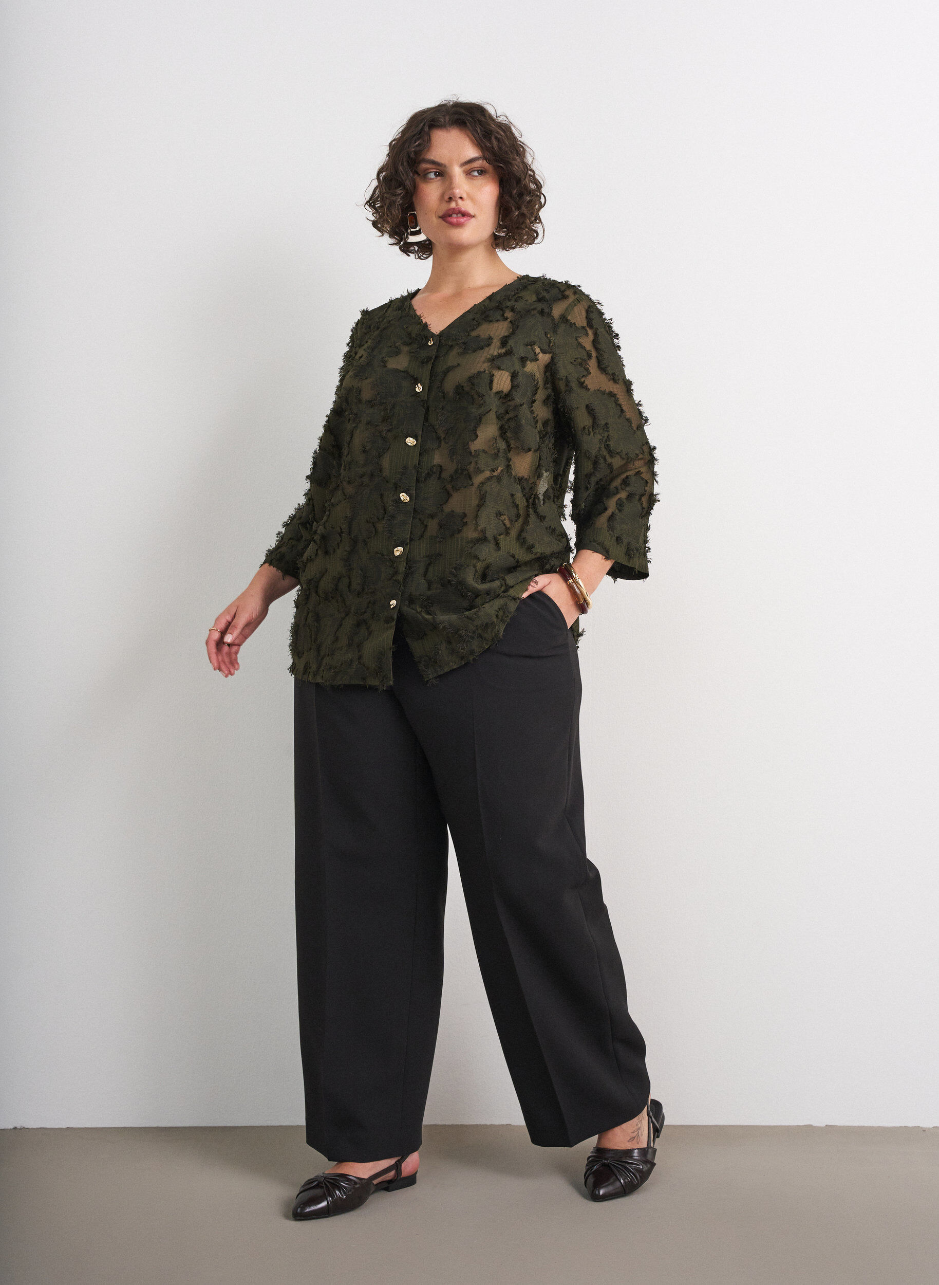 ZizziBlouse met rafelige draden en textuur, Groen, Model image number 1