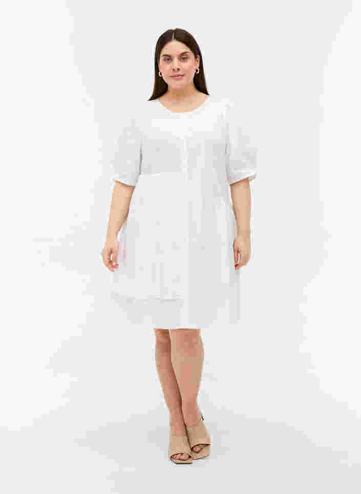 Robe chemise en coton à manches bouffantes, Bright White, Model image number 2