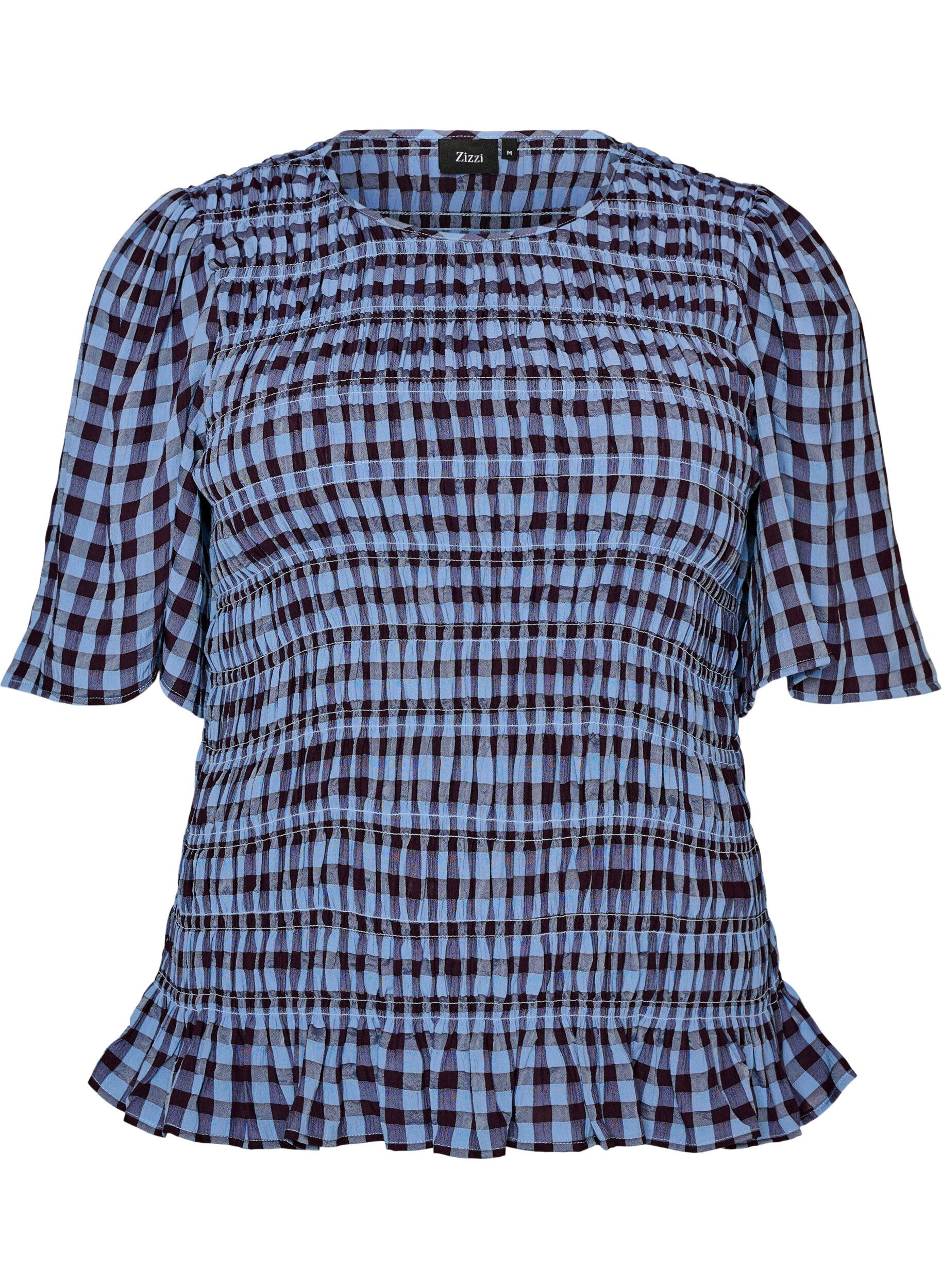 Smockblouse met ginghamruit en rucherand