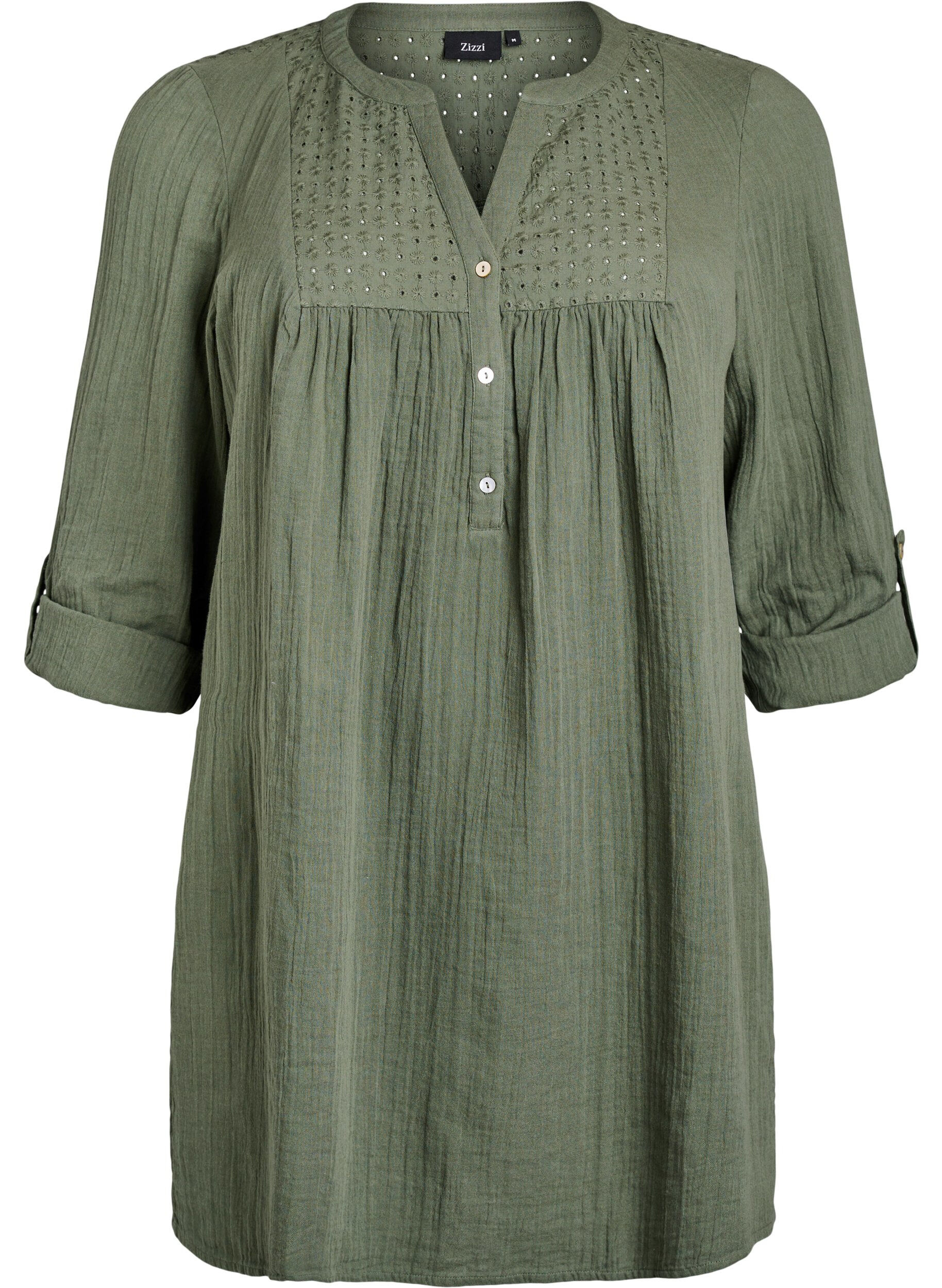 ZizziKatoenen mousseline tuniek met broderie anglaise, Groen, Packshot image number 0