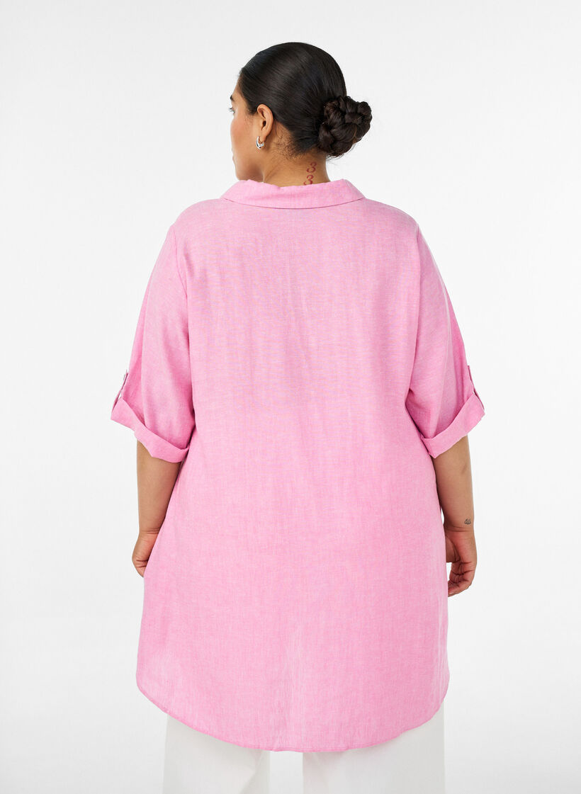 Tunique coupe trap&egrave;ze en lin et viscose, Rose, Model image number 2