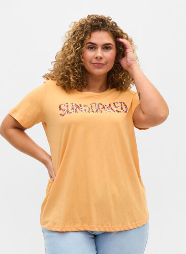 T-shirt en coton à manches courtes avec imprimé, Apricot Nectar SUN, Model image number 0
