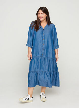 Midi-jurk met knopen en 3/4 mouwen, Blue denim, Model image number 0