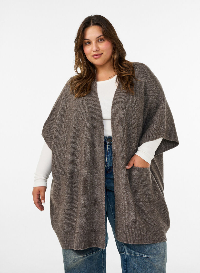 Cardigan met open voorkant en wijde mouwen, Bruin, Model image number 0