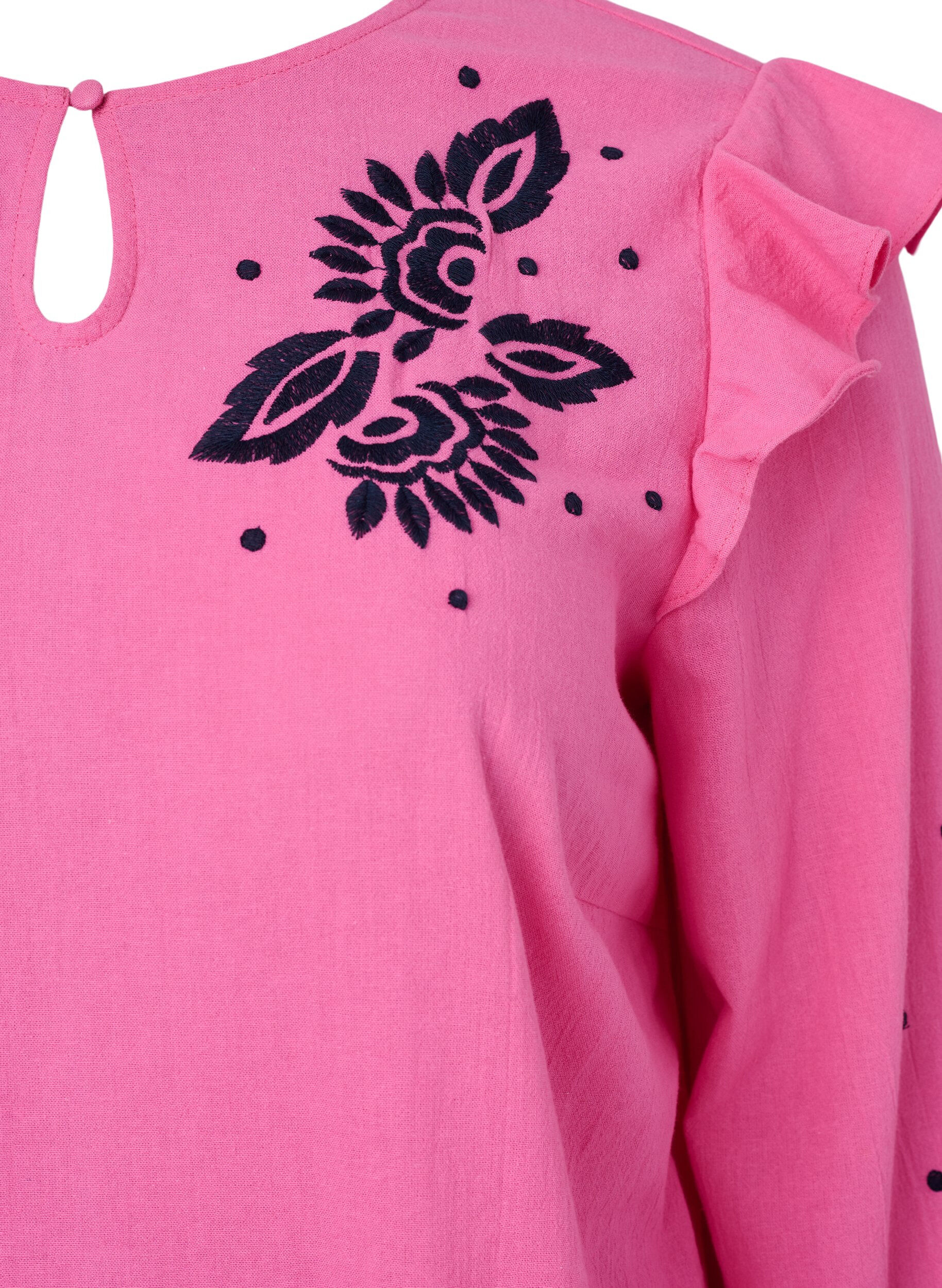 ZizziKatoenen blouse met borduursel en ruches, Roze, Packshot image number 2