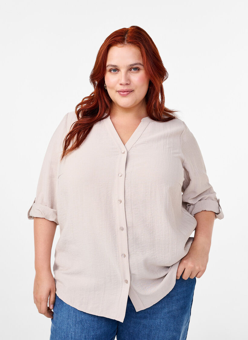 Viscose overhemd blouse met driekwart mouwen., Chateau Gray, Model image number 0