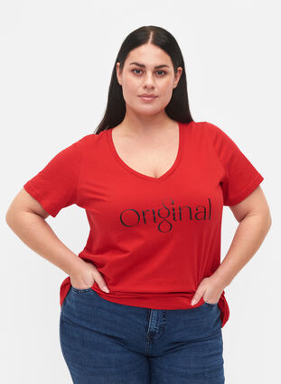 T-shirt en coton avec impression de texte et col en V, Tango Red ORI, Model image number 0