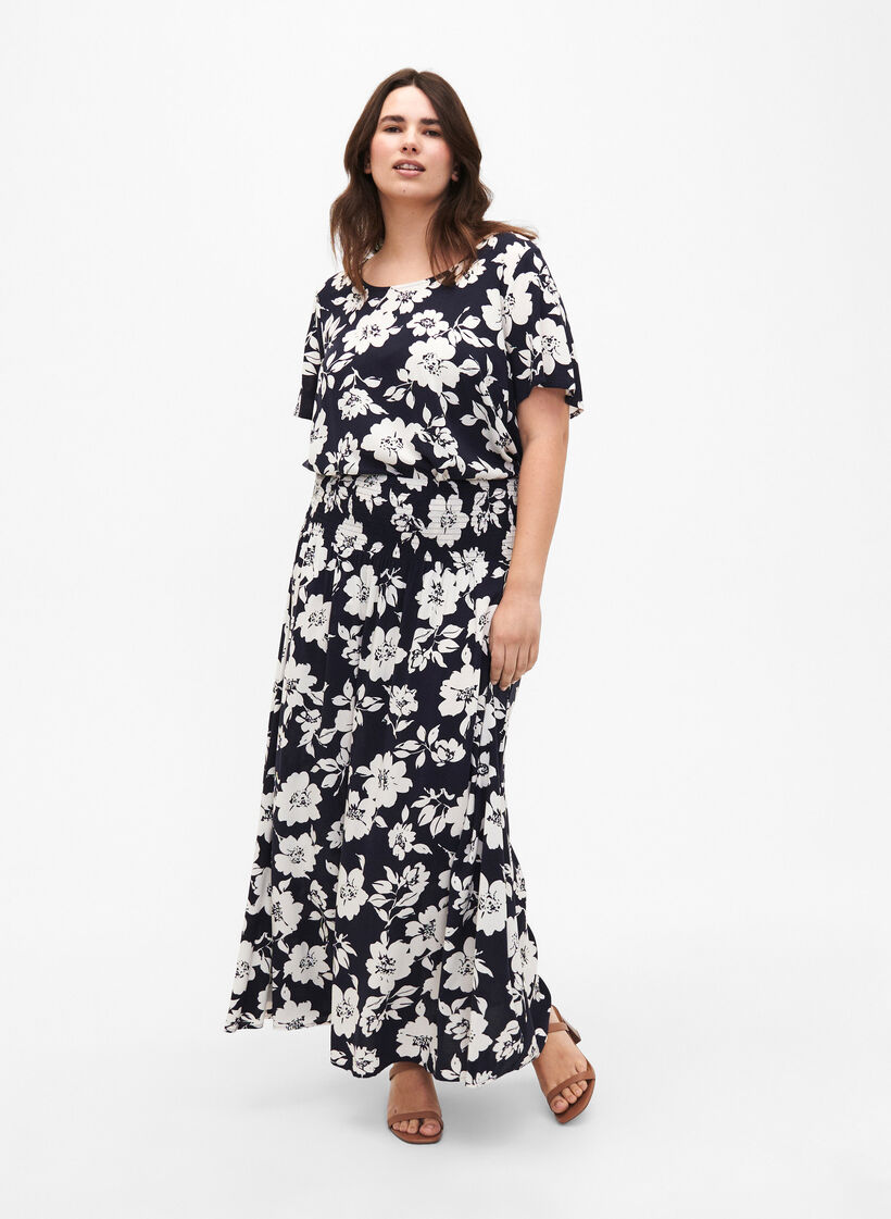 FLASH - Maxi rok in viscose met smokwerk, Blauw, Model image number 0