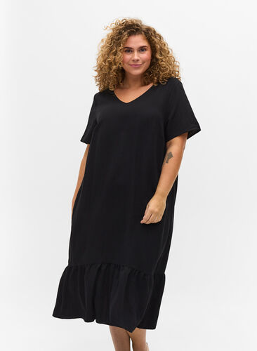 Viscose jurk met korte mouwen en v-hals, Black, Model image number 0