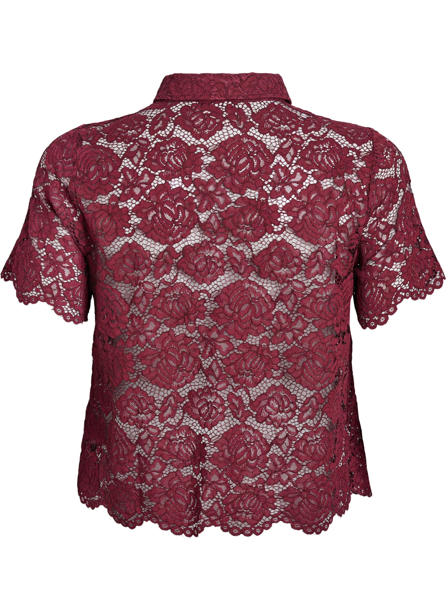 ZizziKanten shirt blouse met parelknopen, Donker Bordeaux, Packshot image number 1