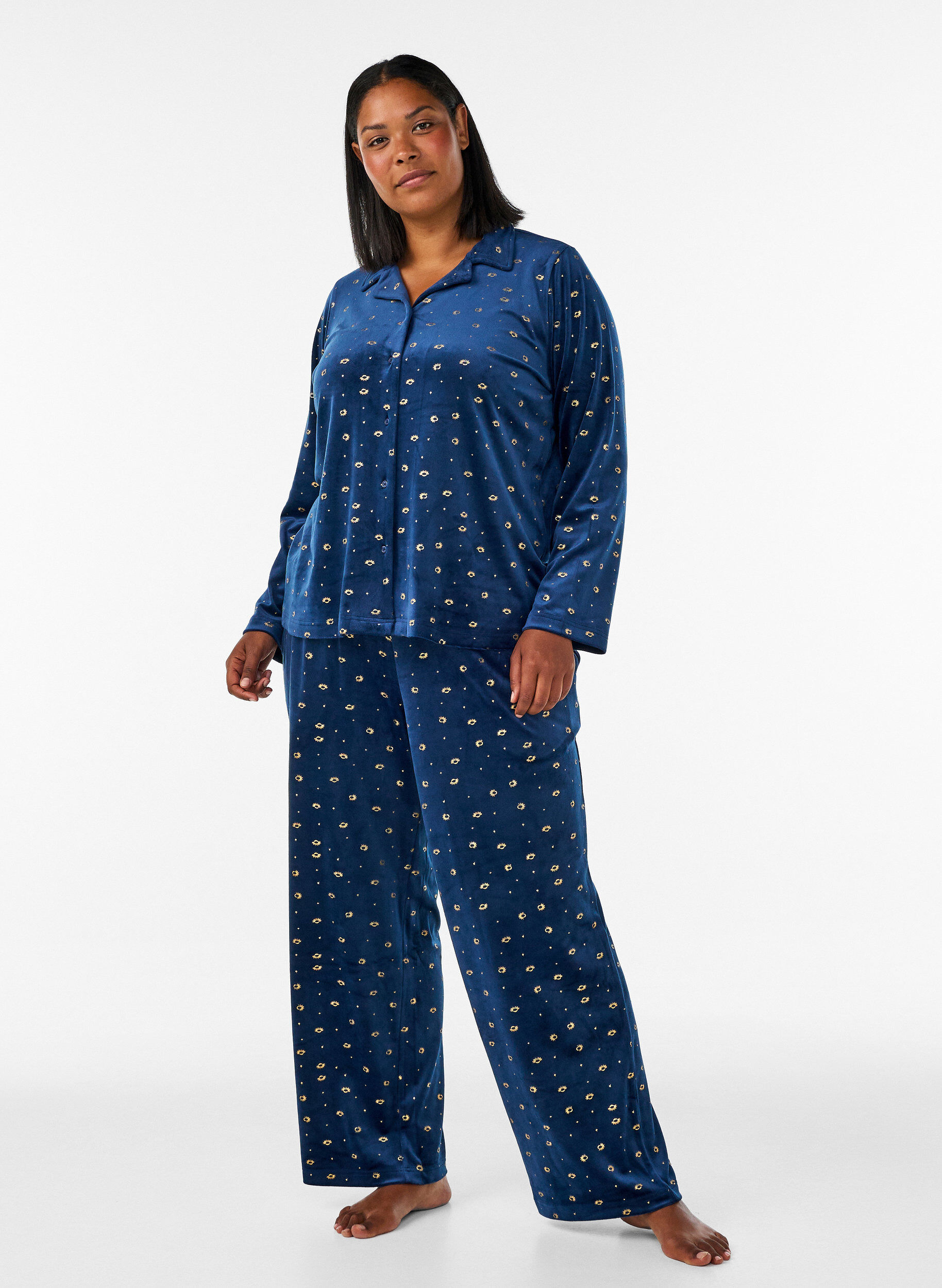 ZizziVelours pyjamabroek met all-over print, Blauw, Model image number 0