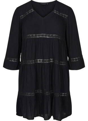 Robe en viscose avec forme trapèze et ruban de dentelle, Black, Packshot image number 0