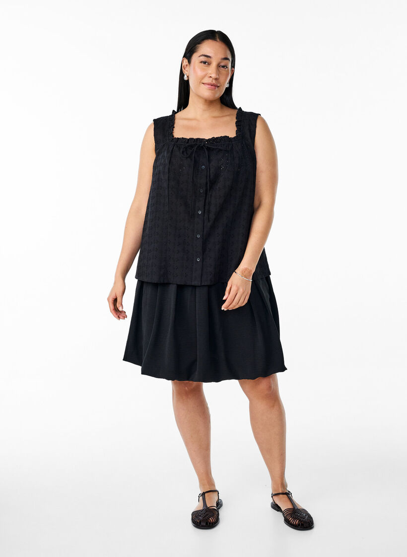Mouwloze blouse met broderie anglaise en ruches, Zwart, Model image number 1