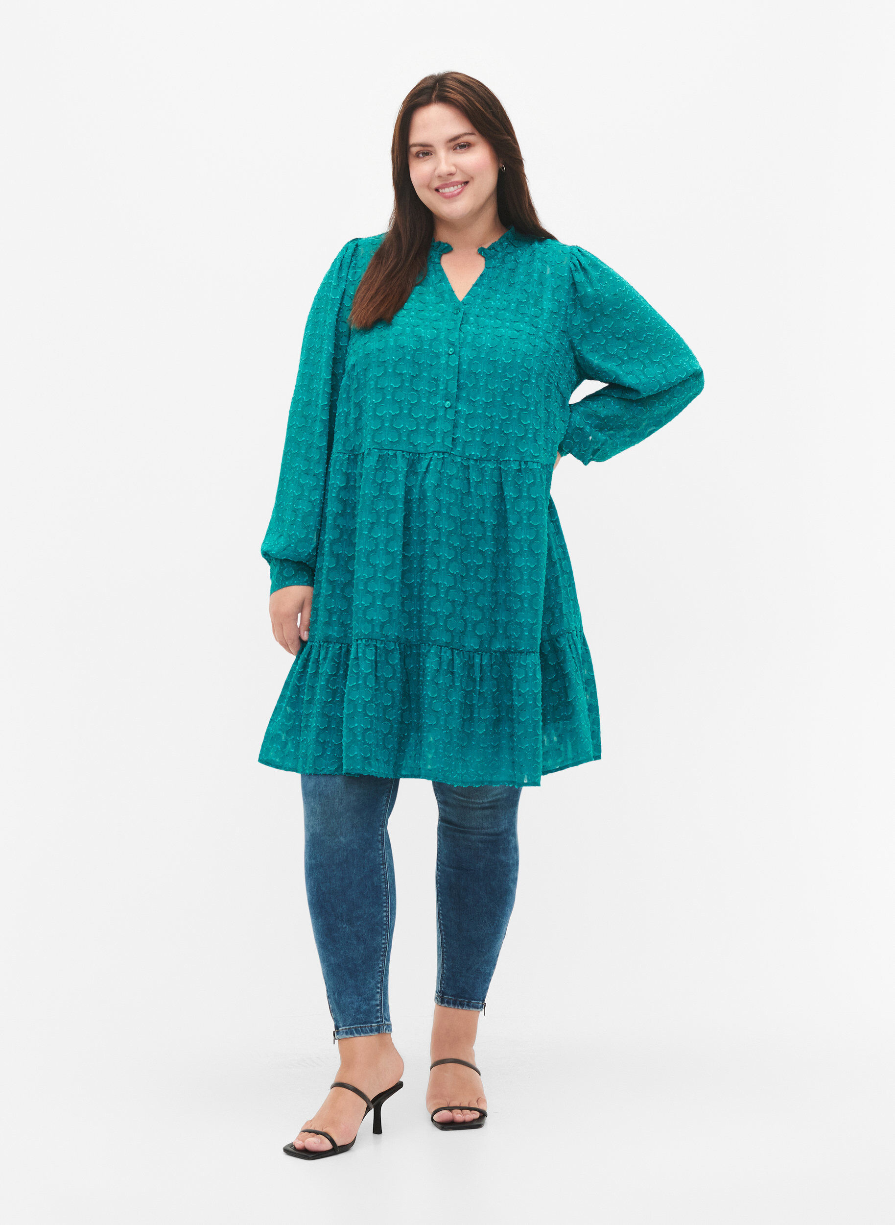 ZizziJacquard jurk met ruche kraag, Deep Lake, Model image number 2