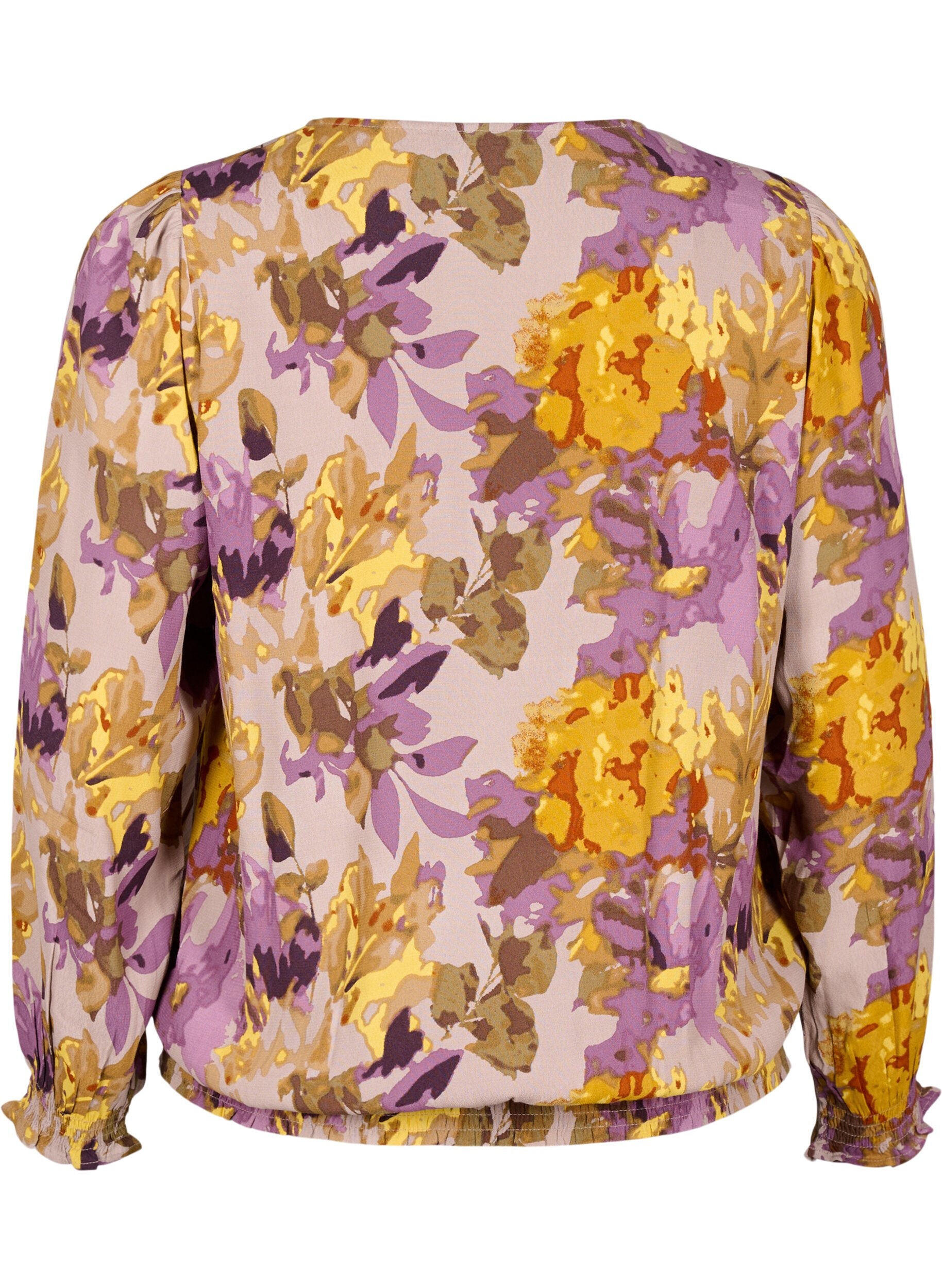 Zizzi Chemisier &agrave; smocks avec imprim&eacute; floral, Purple Flower, Packshot image number 1