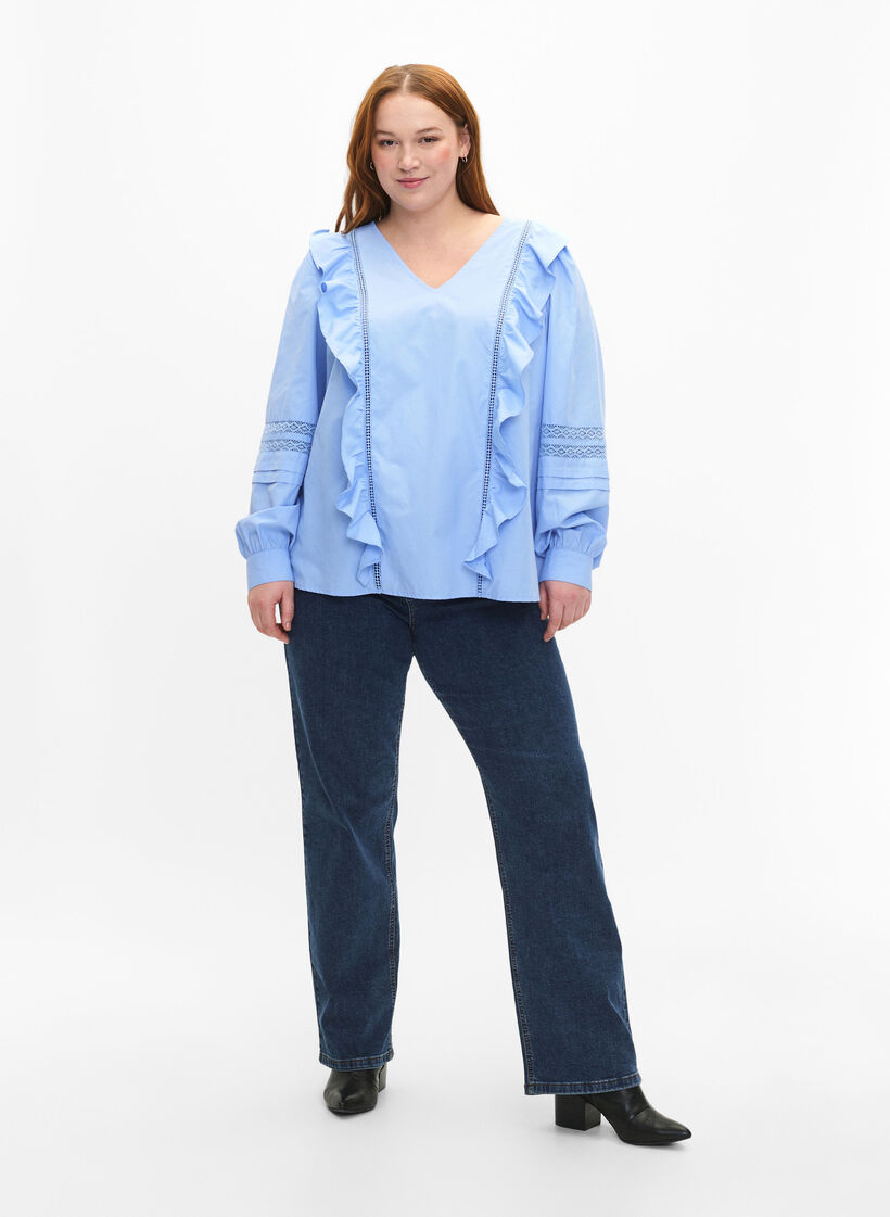 Blouse met ruffels en veters, Blauw, Model image number 1