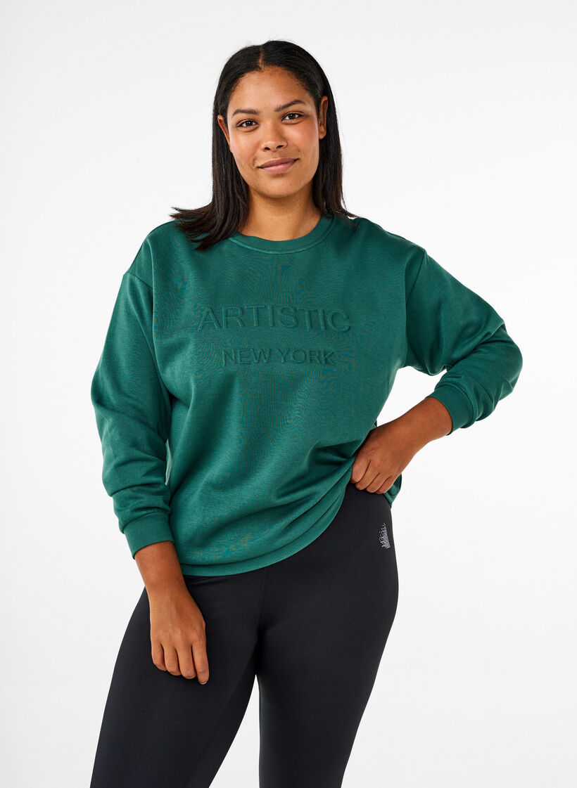 Sweatshirt met badstof tekst, Groen, Model image number 0